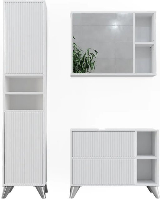 Vicco Badmöbel-Set Leano Weiß, bestehend aus Waschtischunterschrank, Spiegelschrank und Hochschrank, modern und matt - Bild 1