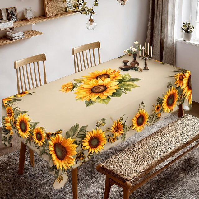 JINGYUE Pet Tischdecke mit gelbem Sonnenblumen-Print und Spitzenbesatz aus Polyester, B/T/H: 145 x 200 cm - Bild 1