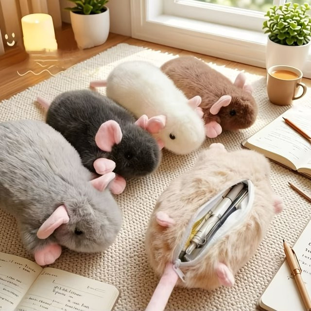 Niedrige Plüsch-Maus-Kosmetiktasche in Mehrfarbig und Grau als weiche Aufbewahrungstasche für Make-up, Stifte und Bürobedarf - Bild 1