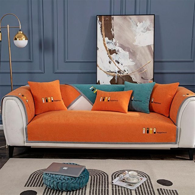Chenille Kissenbezug mit niedlichem Katzen-Print im skandinavischen Design, Farbe: Orange, B/T: 45 x 45 cm - Bild 1