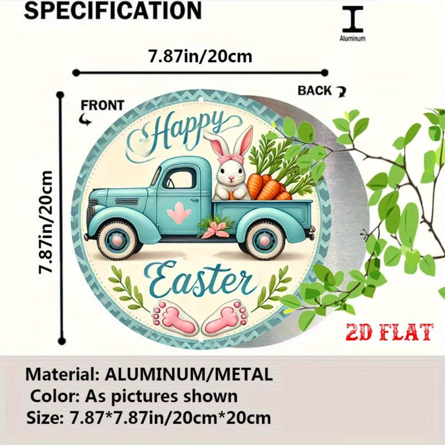 CIFBUY Vintage Ostern Wandschild aus Aluminium in Türkis mit Kaninchen und Blumenmuster, rundes Metall Poster zur Wandmontage - Bild 5