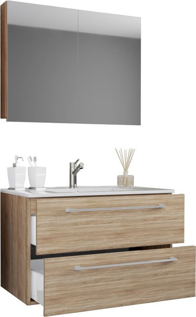 VCM Badinos 3-tlg. Badmöbel Set mit Keramik-Waschbecken, Unterschrank mit Schubladen und Drehtüren sowie Spiegelschrank, Breite: 80 cm - Bild 1