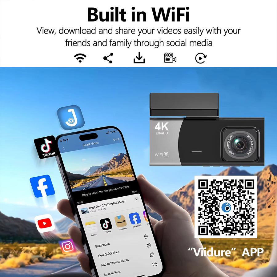 4K 3-Kanal WIFI Dash Cam mit 2160P HD Auflösung und OLESED Display, Drei-Wege Fahrzeug-Videorekorder in Schwarz - Bild 6