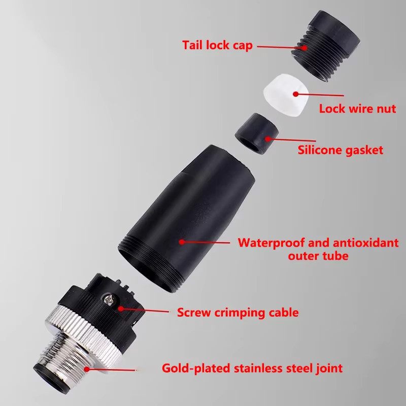 Wasserdichte Sensor-Stecker-und-Buchsen-Kupplung mit geradem Gewinde M12, 3 bis 12-polig, Farbe: Schwarz - Bild 2