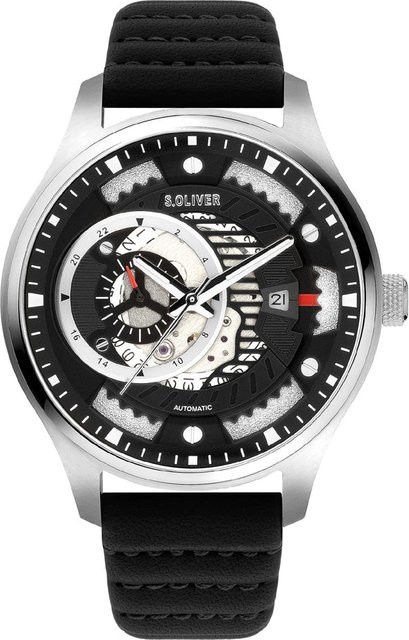 s.Oliver Herrenuhr, Automatik, Edelstahl, 46 mm, Leder, Schwarz - Bild 1