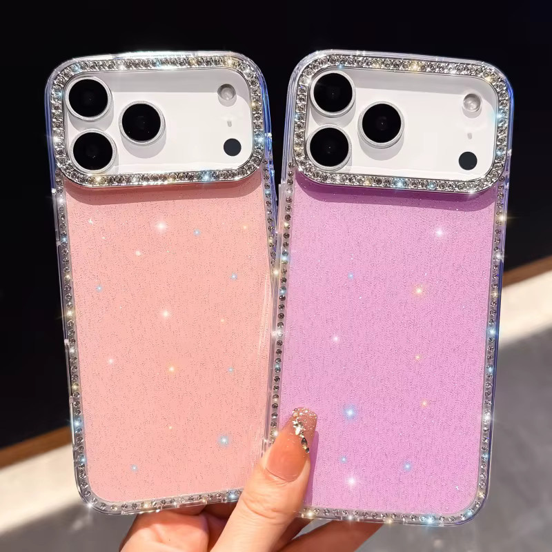 Glitzernde Diamant-Kamera-Hülle für Apple iPhone 17, 16, 15, 14, 13 Pro Max und Plus in Transparent und Pink mit funkelnden Sternen und Pailletten - Bild 1