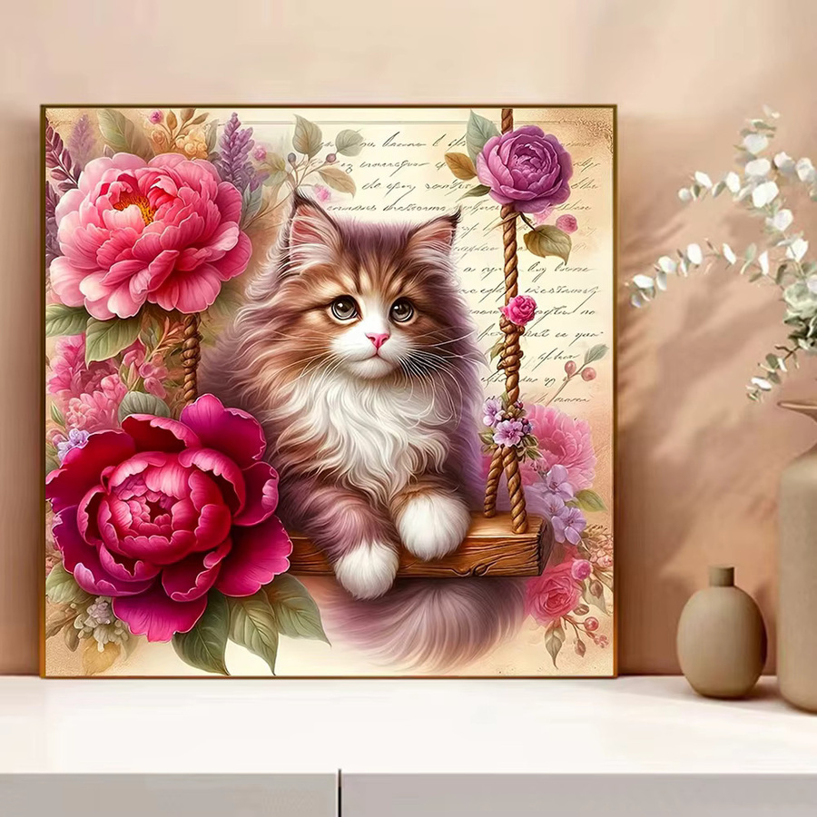 Evershine Kreuzstich-Set Katze mit Chrysanthemen in Multicolour, Stickerei-Bastelset für deine Heimdekoration, B/B/B: 30,0 x 30,0 x 30,0 cm - Bild 3