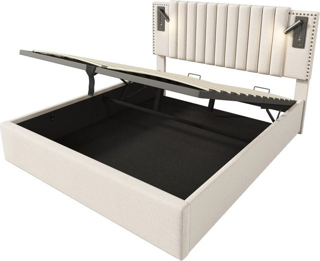 okwish Polsterbett mit Stauraum und USB-Anschluss in Beige, B/T/H: 160 x 203 x 106 cm - Bild 1