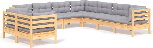 vidaXL 9-teiliges Garten-Lounge-Set aus massivem Kiefernholz in Braun-Grau mit grauen Polstern - Bild 1