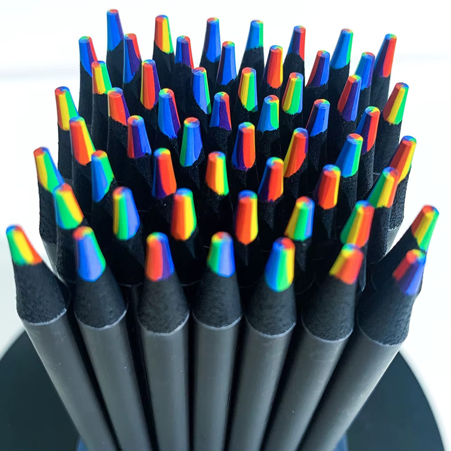 Set mit Regenbogen-Buntstiften aus Holz in Schwarz und Mehrfarbig mit 7-Farben- und 4-Farben-Effekt - Bild 2