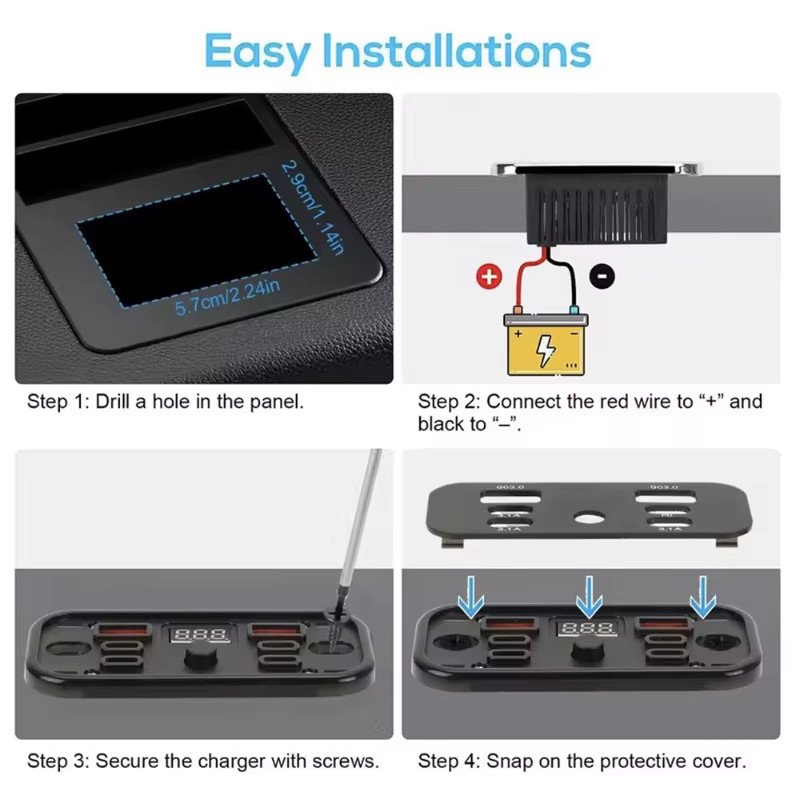 Schnelllade-Stromanschluss für Wohnmobile und LKWs mit QC3.0 und PD Dual USB-C sowie Dual QC3.0 Ports in Schwarz, 12-24V - Bild 5