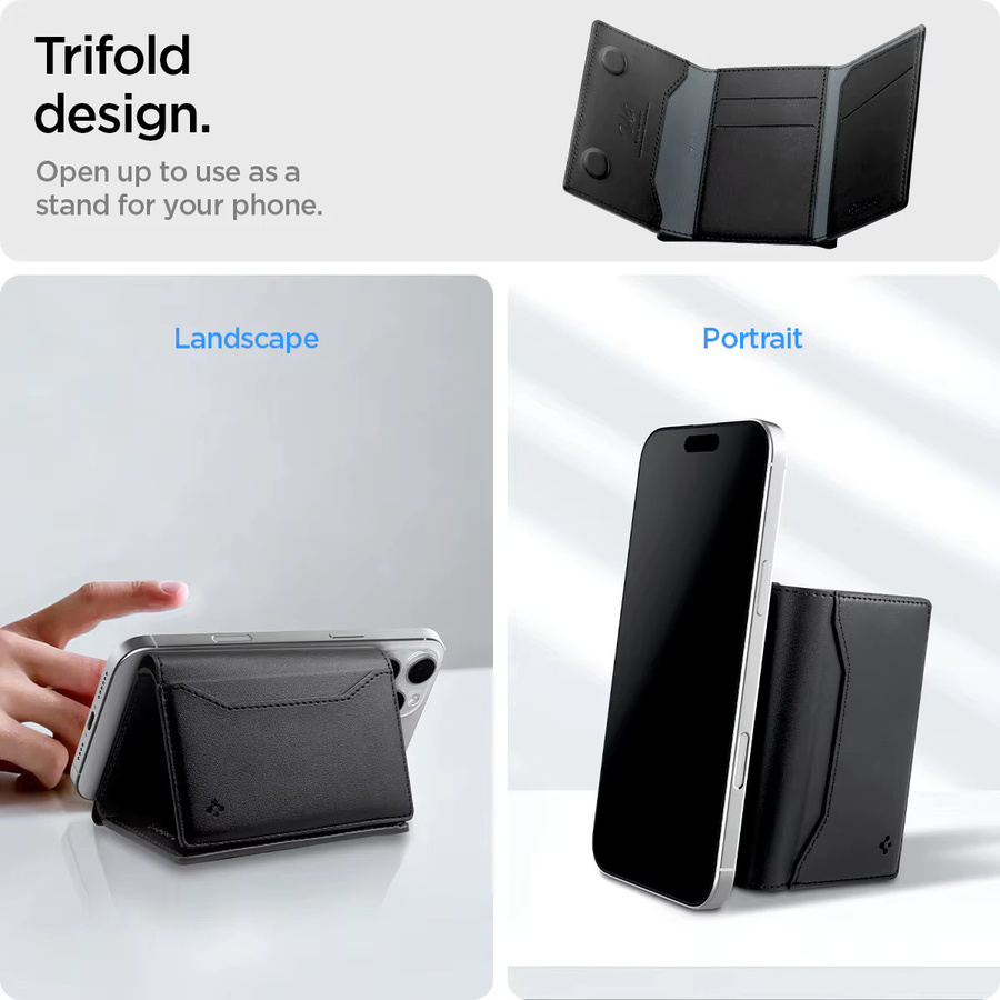 Spigen Magnetische Leder-Brieftasche als Kartenhalter und Schutzhülle für iPhone 12 bis iPhone 17 Pro Max, Schwarz - Bild 4