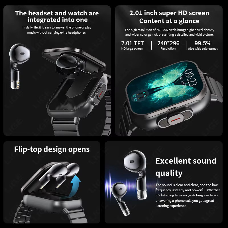 LIGE 2-in-1 Smartwatch mit integriertem TWS Bluetooth Headset in Schwarz mit NFC, Telefonfunktion und Gesundheitsüberwachung für Herzfrequenz und Blutdruck - Bild 3