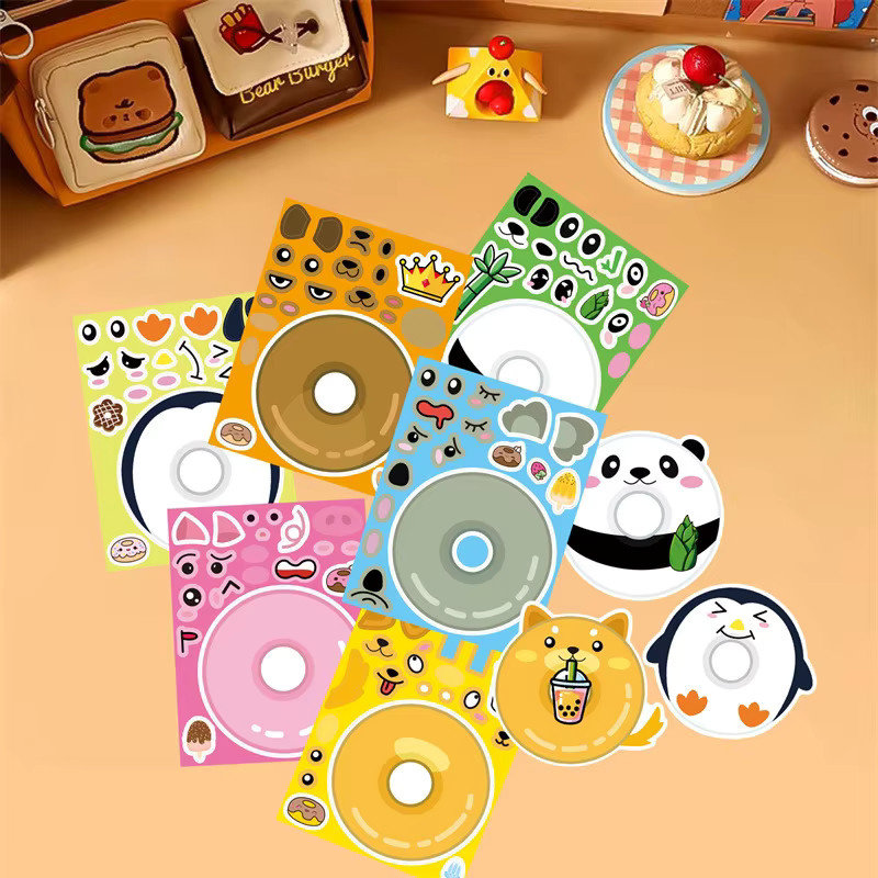 Cartoon-Donut-Tiere Gesichter-Puzzle-Aufkleber, 8 Blatt, Tiere - Bild 2