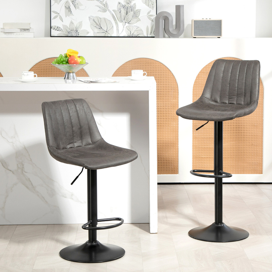 HOMCOM Barhocker 2er Set in Dunkelgrau, gepolsterte Barstühle mit Mikrofaser und Metallgestell, höhenverstellbar, 360 Grad drehbar mit Lehne und Fußstütze im Retro-Stil - Bild 2