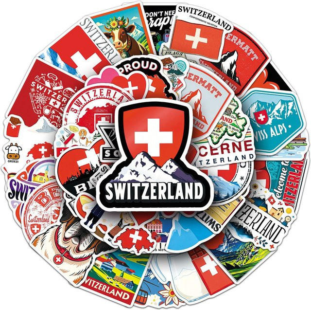 50 Stück Schweiz-Reiseaufkleber, wasserfeste Sticker mit Alpen- und Schweizer Flagge in Multicolor für Laptop, Wasserflasche und Scrapbook - Bild 1