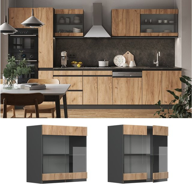 Vicco Glashängeschrank R-Line J-Shape für die Küche in Anthrazit und Eiche, Breite: 60 cm - Bild 1