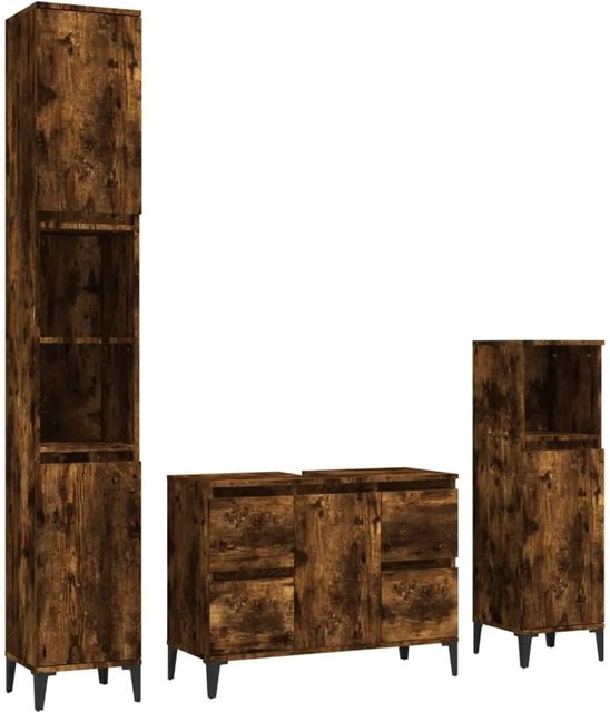 vidaXL 3-tlg. Badmöbel-Set Modell 9 aus Holzwerkstoff in Räuchereiche Braun mit Waschbeckenunterschrank und zwei Standschränken - Bild 1