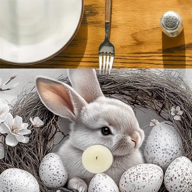 VIKAMA Tischläufer mit Hasen- und Blumenmotiv für Ostern, rechteckige Tischdecke aus Leinen, B/T: 90 x 33 cm - Bild 4