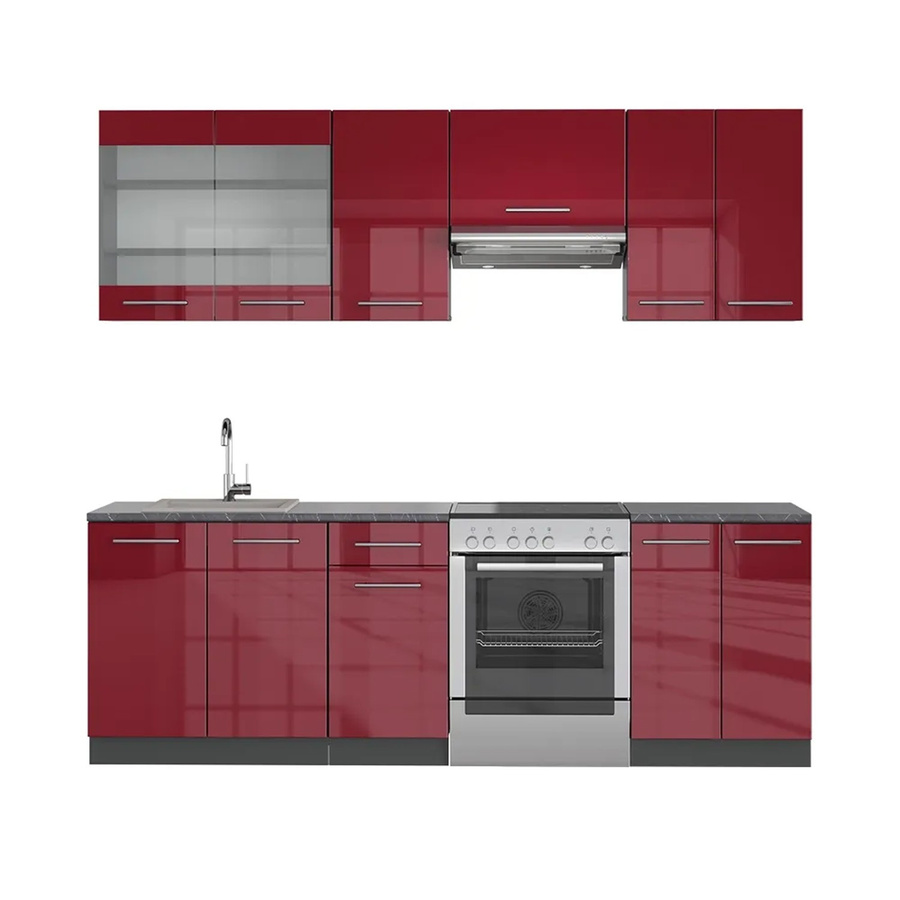 Vicco Fame-Line Küchenzeile Bordeaux Hochglanz und Anthrazit, B/H/T: 240 x 82 x 60 cm - Bild 2