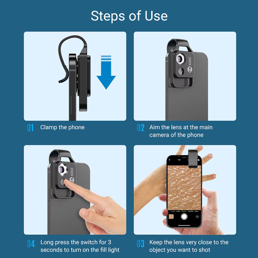 APEXEL MS002 200X Telefon-Mikroskop-Objektiv mit Clip in Schwarz für die Beobachtung von Pflanzen, Insekten, Haaren, Haut und Schmuck - Bild 4