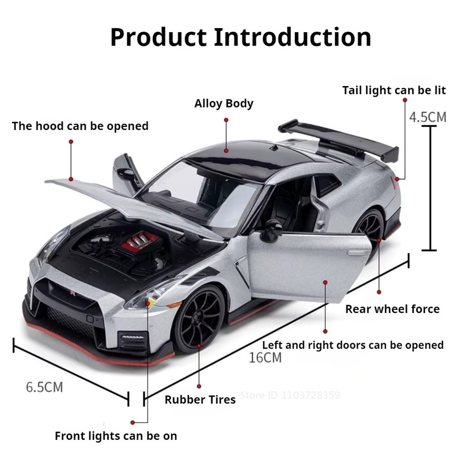MAKEDA Nissan GT-R Nisom Sportwagen-Modell, 1:32, Metalldruckguss, mit Licht und Musik - Bild 2