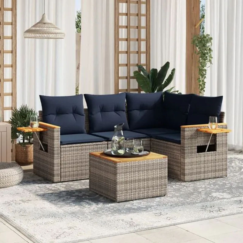 5-tlg. Garten-Sofagarnitur in L-Form aus Poly Rattan mit Kissen in Grau und Blau von vidaxl - Bild 1