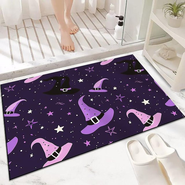 Halloween Fußmatte mit Horror-Kürbis und Hexe, rutschfest und schmutzabweisend, Farbe: Lila, B/B/H: 40 x 60 cm - Bild 1