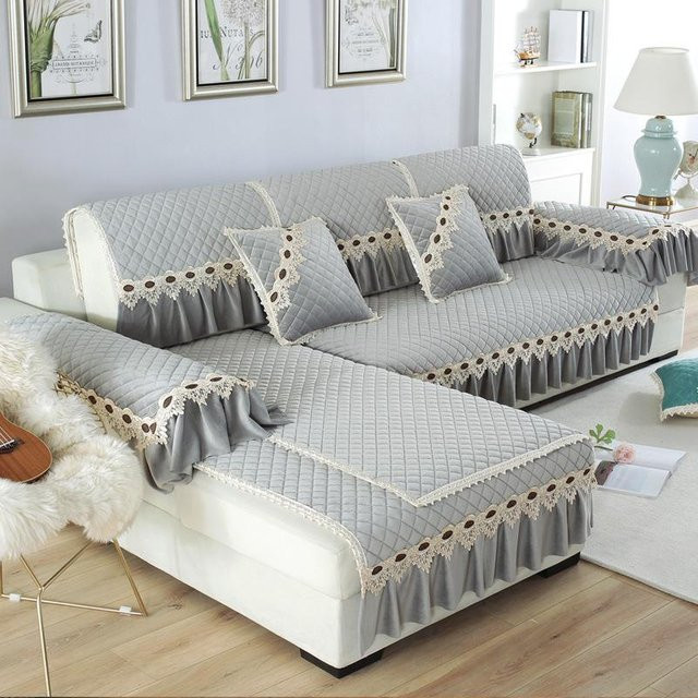 Luxuriöser Plüsch-Sofabezug mit Stickerei-Spitze von Super Six in Grau, rutschfestes Sofa-Rückenlehnen-Handtuch für L-förmige Sofas, Breite: 40 cm, Höhe: 70 cm - Bild 1