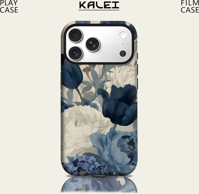 Potdemiel Robuste Handyhülle mit Marineblauen und Weißen Pfingstrosen für iPhone 17 16 15 14 13 Pro Max Plus mit Magnetfunktion - Bild 1