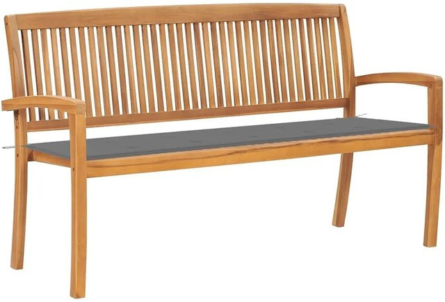 vidaXL Stapelbare Gartenbank aus Teakholz mit grauen Auflagen und Armlehnen, Breite: 159 cm - Bild 1