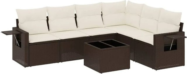 vidaXL 7-teilige Garten-Sitzgruppe in L-Form mit Kissen, Braun, Polyrattan und Metallrahmen - Bild 1
