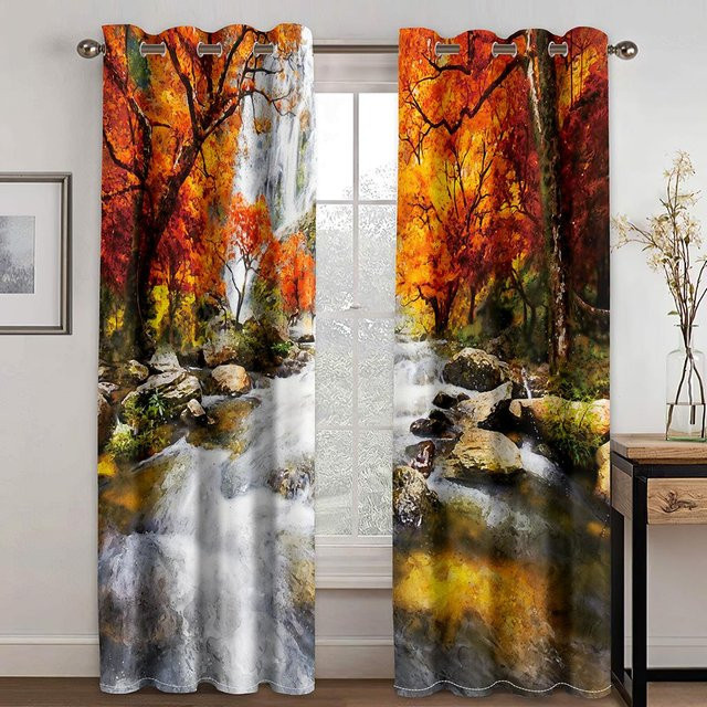 Yiran Furniture Verdunkelungsvorhänge Naturlandschaft Wald Sonnenuntergang, 2er-Set, Polyester, Mehrfarbig, B: 100 cm, H: 130 cm - Bild 1