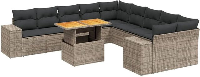 vidaXL 11-tlg Garten-Sofagarnitur in L-Form aus Polyrattan und Akazienholz mit Kissen in Grau - Bild 1