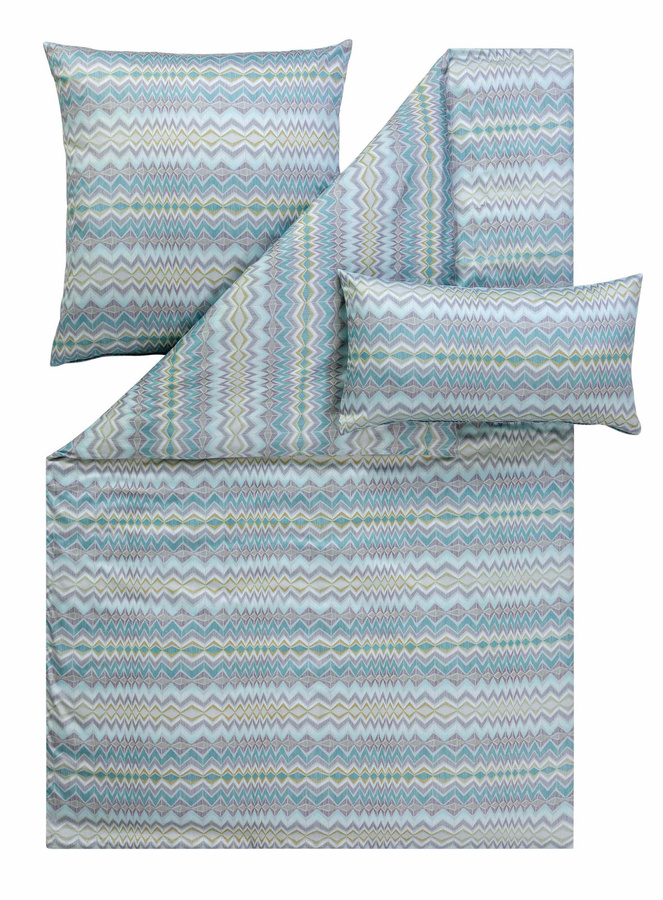 Estella Mako-Satin Bettwäsche Nuria mit Zickzack-Grafik in Mint, Grau und Blau, Bettbezug 155 x 220 cm und Kissenbezug 80 x 80 cm - Bild 1