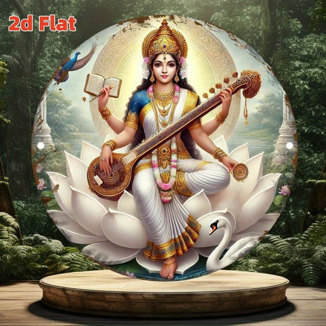 HELLOYOUNG 2D-Wanddekoration aus Metall mit indischer Göttin Saraswati, Lotus und Pfauenfeder, Mehrfarbig, B: 20 cm, H: 20 cm - Bild 1