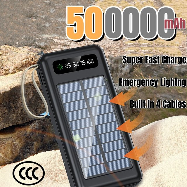 Solar Power Bank mit 50000 mAh Kapazität und Schnellladung, tragbare Powerbank mit integrierter Taschenlampe und 4 Kabeln, erhältlich in Schwarz oder Weiß - Bild 1