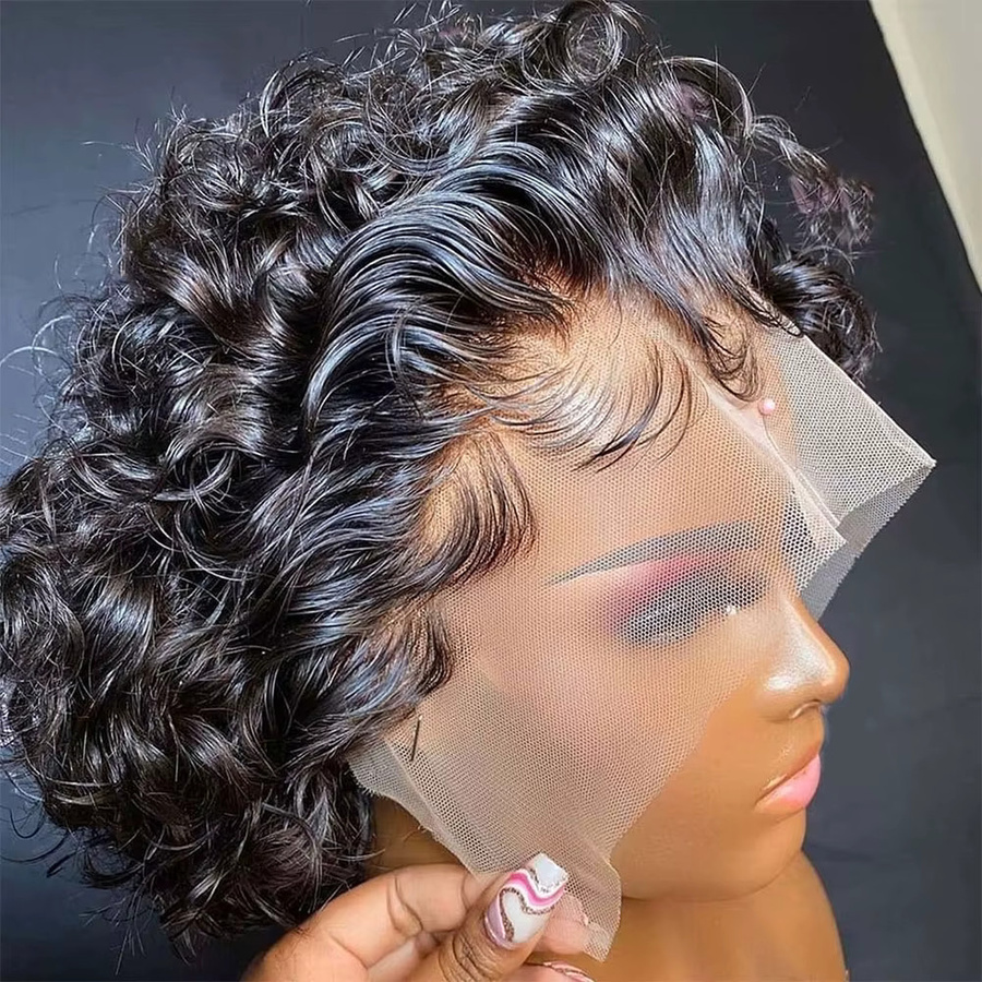 Linhua Pixie-Cut Lockenperücke, Echthaarperücke, 6 Zoll, Schwarz 1B T1B/27 Ombre Honigblond Burgunderrot - Bild 2
