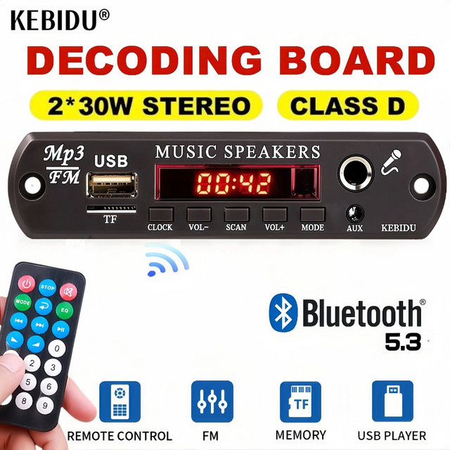 Kebidu Bluetooth 5.3 MP3 Decoder Board mit 60W Verstärker für 12V Auto Audio DIY, Stereo MP3 Player mit FM Radio, USB, TF und 6,5mm Mikrofonanschluss, Schwarz - Bild 1