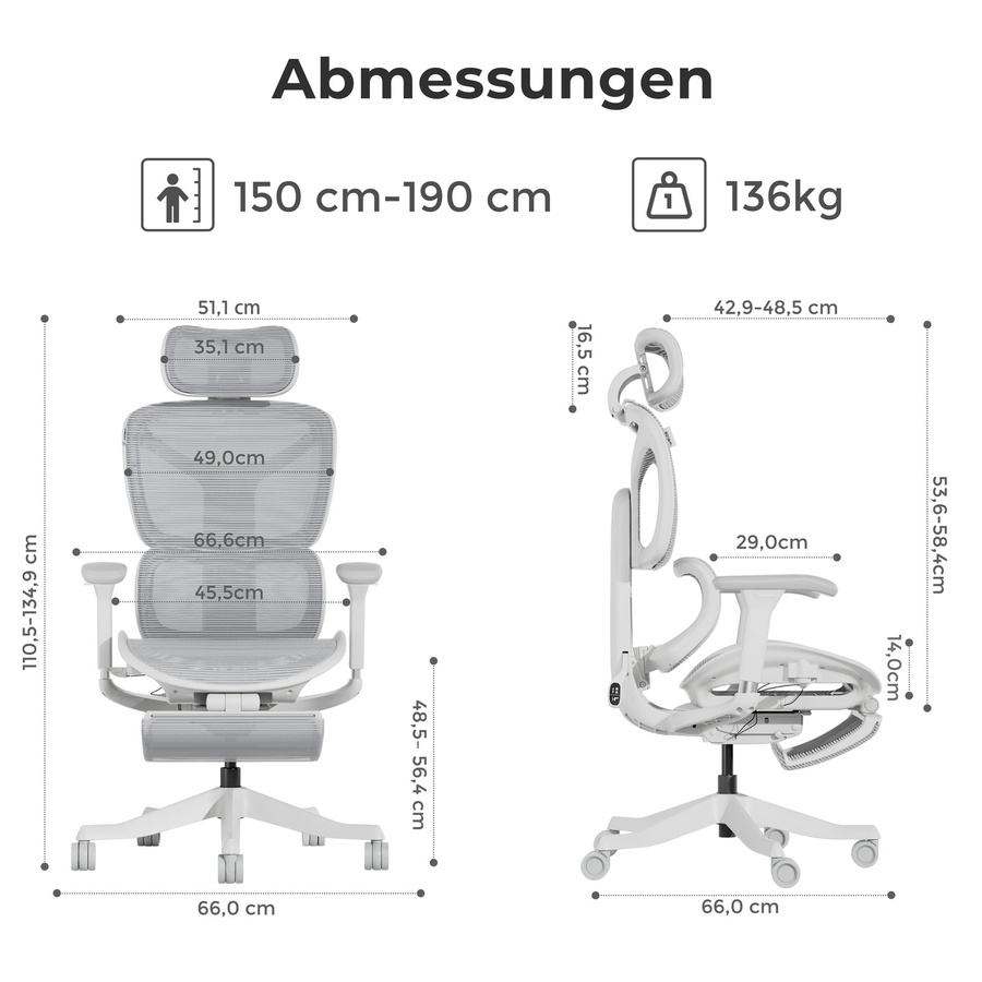 WELAX S9 Ergonomischer Mesh-Bürostuhl mit Lendenstütze und Fußstütze in Schwarz oder Weiß für Homeoffice und Gaming - Bild 3