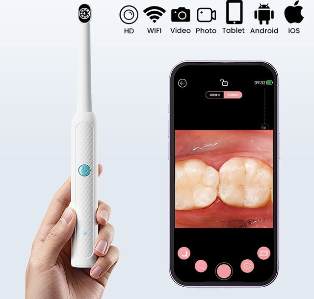 BUMBORN Kabellose Visuelle Oralkamera 1080P HD mit 8 LEDs, WLAN-Endoskop für iPhone und Android, Typ-C, Weiß - Bild 1