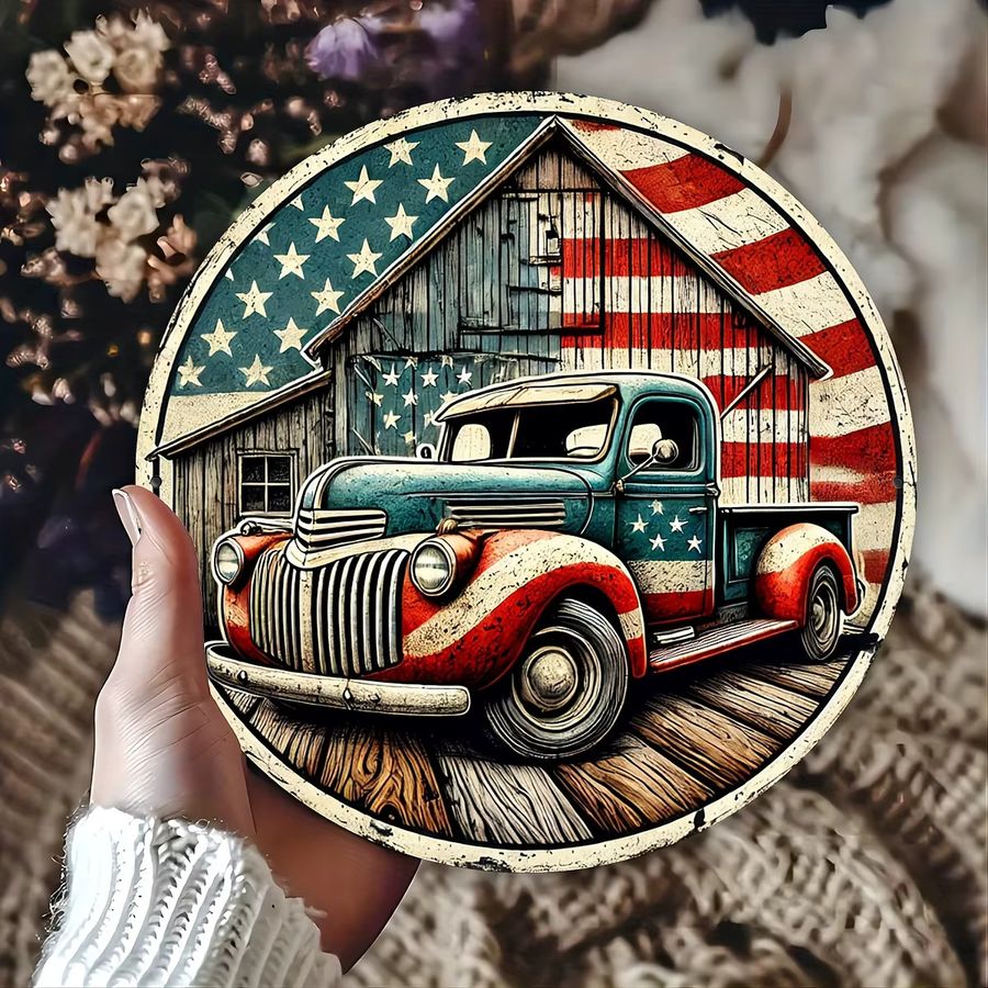 Potdemiel Rundes Metallschild Vintage Blue Truck mit amerikanischer Flagge, Durchmesser: 20,32 cm, Blau - Bild 3