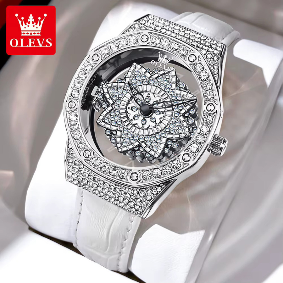 OLEVS Armbanduhr, Quarz, Diamantbesetzt, Edelstahl, Silber, Lederband, Unisex - Bild 2