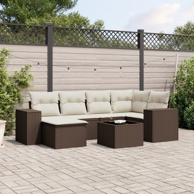 vidaXL 7-tlg. Garten-Sitzgruppe in L-Form aus Polyrattan mit Kissen in Braun - Bild 3