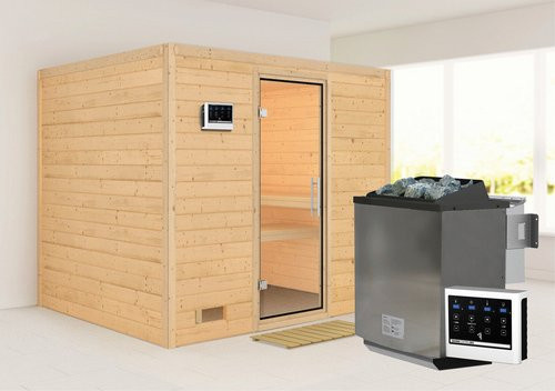 Karibu Paldiski Bio-Kombi-Sauna für 4 Personen in Beige mit 9 kW Saunaofen und externer Steuerung - Bild 1
