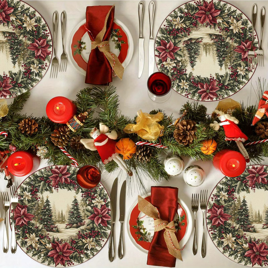 VIKAMA 4-teiliges Set Weihnachtsmatten mit Stechpalmen, Beeren und Kiefernwald in Mehrfarbig - Bild 4
