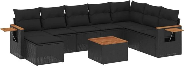 vidaXL 9-teilige Garten-Sofagarnitur aus Poly-Rattan und Akazienholz in Schwarz mit Kissen - Bild 1