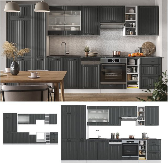 Vicco Küchenzeile Fame-Line Landhausstil in Weiß, Grau und Anthrazit, Breite: 355 cm - Bild 1