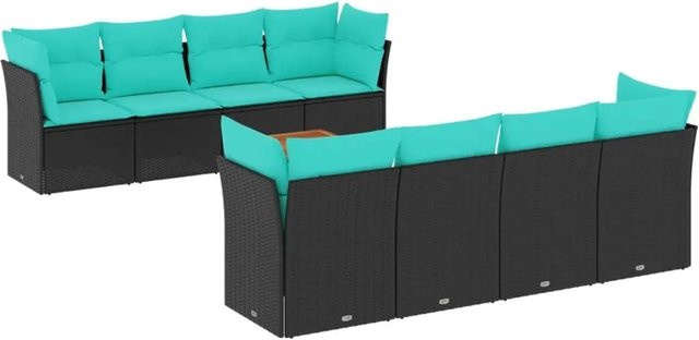 vidaXL 9-teilige Garten-Sofagarnitur aus Poly-Rattan und Akazienholz mit Kissen in Schwarz und Blau - Bild 1