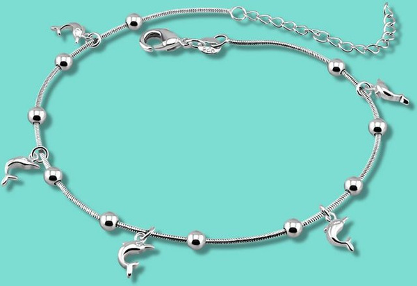 Wucifang Jewelry Fußkettchen 925 Silber, Delfin-Anhänger, Damen, 28 cm